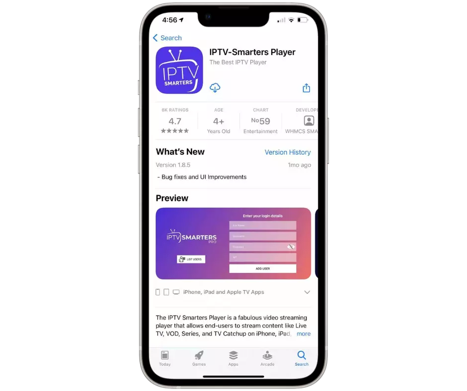 IPTV-Smarters Player app-pagina in App Store met 4.7 sterren, login-interface preview en beschrijving voor streaming op iOS-apparaten.