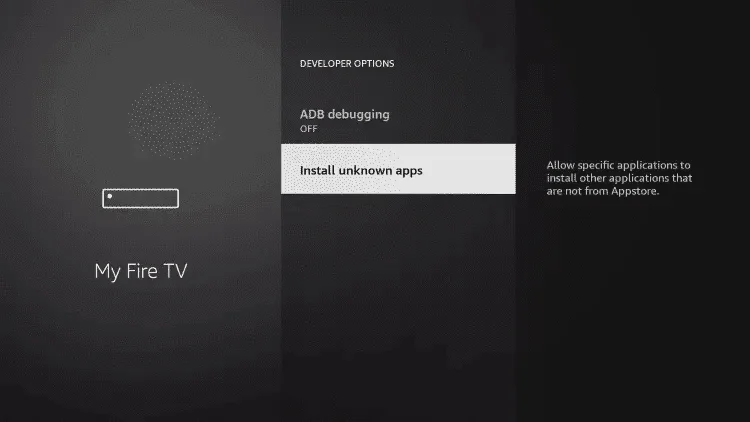 Scherm Ontwikkelaarsopties op Fire TV met 'Onbekende apps installeren' geselecteerd.
