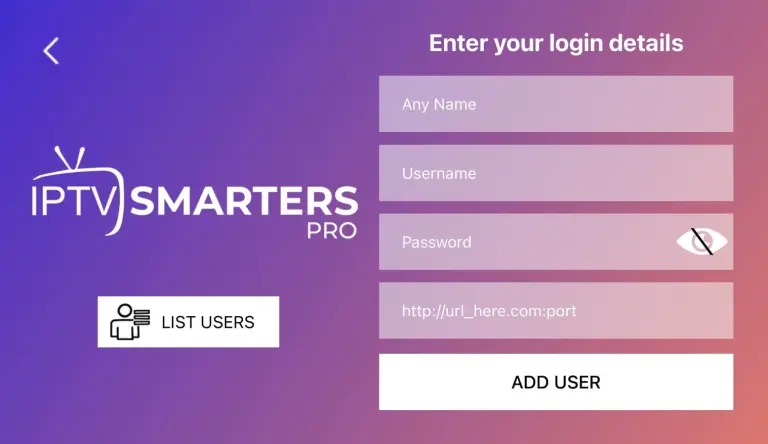 IPTV SMARTERS PRO-inlogscherm met velden voor naam, gebruikersnaam, wachtwoord en URL.