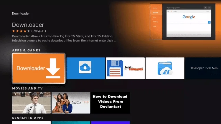 Downloader-app op Fire TV met 5-sterrenbeoordeling en 286.490 recensies. Google-browserinterface in de app-preview.