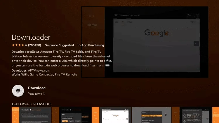 Downloader-app-detailpagina op Fire TV en downloadknop.