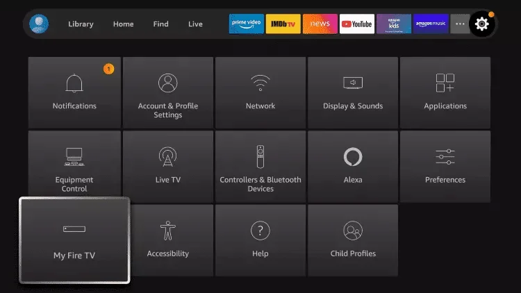 Fire TV-instellingenmenu met opties zoals Meldingen, Account, Netwerk en de optie My Fire TV gemarkeerd