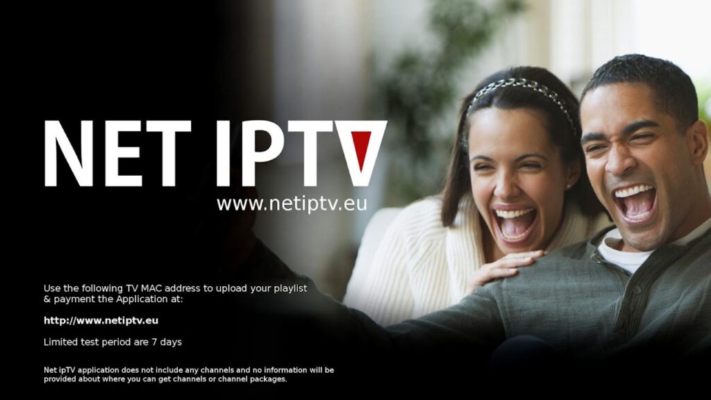 Gelukkig stel dat samen lacht met het NET IPTV-logo, de website-url en andere app-informatie.
